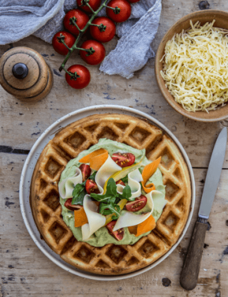 Entremont French Emmental cheese waffles with guacamole topping