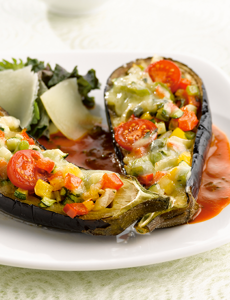 Stuffed aubergine and grilled vegetable gratin with Comté cheese
